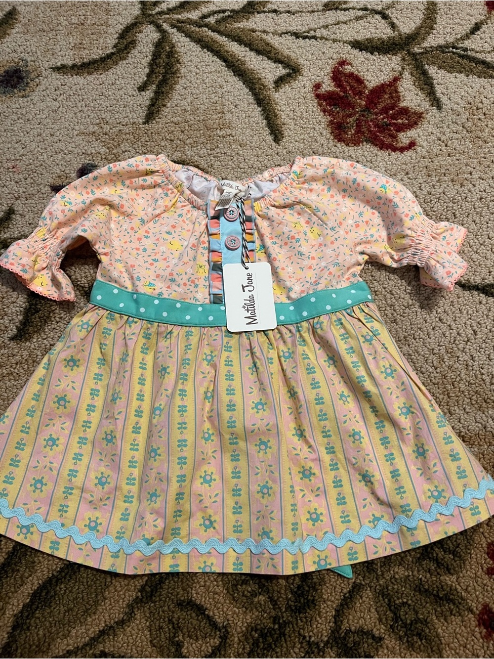 Matilda Jane Girls' Peach Floral & Aqua Belted tunic. NWT